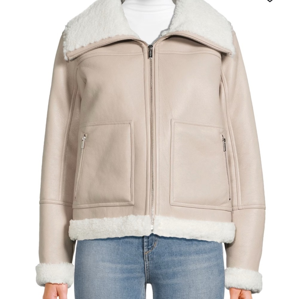 Calvin Klein Y2K 90s Faux Shearling Trim Aviator Moto Biker Jacket Beige NWT
